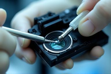Câmera com sensor sendo limpo por um profissional