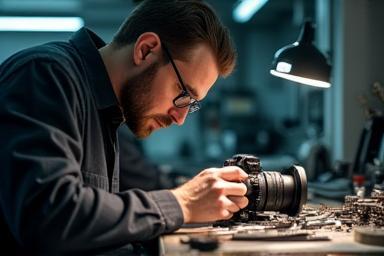 Técnico reparando uma câmera em bancada