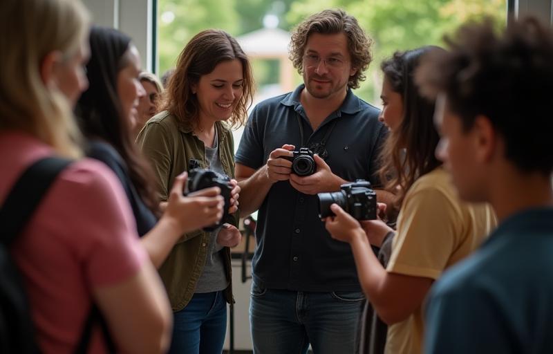 Grupo de pessoas participando ativamente de um workshop de fotografia prático